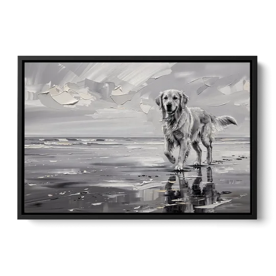 Misty Shore Golden Retriever in Black and White - Black Framed Canvas Wall Art - Front