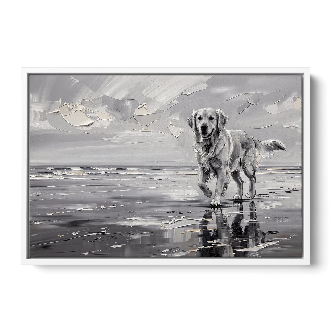 Misty Shore Golden Retriever in Black and White - White Framed Canvas Wall Art - Front