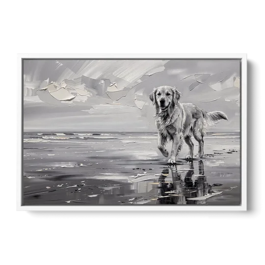 Misty Shore Golden Retriever in Black and White - White Framed Canvas Wall Art - Front