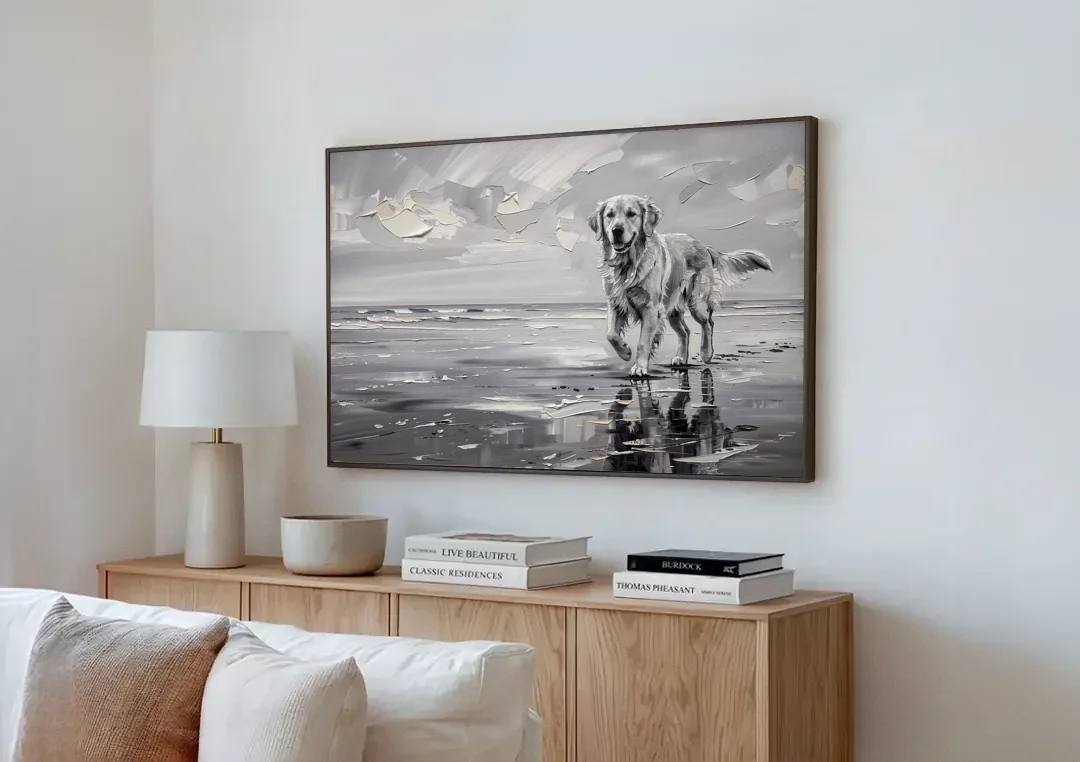 Misty Shore Golden Retriever in Black and White canvas wall art above a wooden sideboard next to a sofa