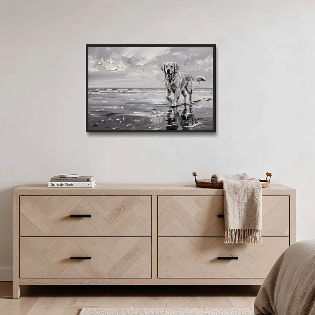 Misty Shore Golden Retriever in Black and White - Black Framed Canvas Wall Art - Coffee Table - 36x24