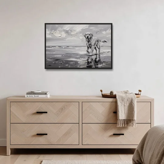 Misty Shore Golden Retriever in Black and White - Black Framed Canvas Wall Art - Coffee Table - 36x24