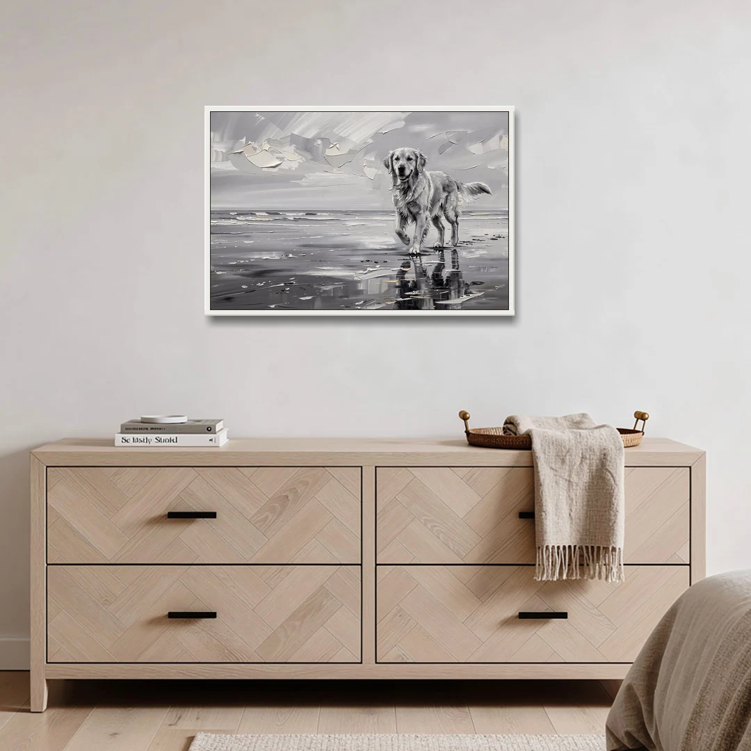 Misty Shore Golden Retriever in Black and White - White Framed Canvas Wall Art - Coffee Table - 36x24