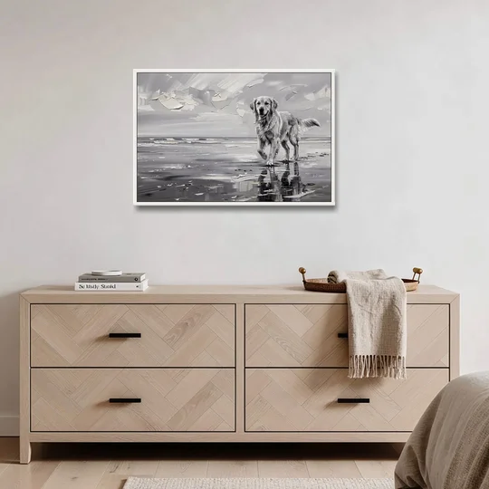 Misty Shore Golden Retriever in Black and White - White Framed Canvas Wall Art - Coffee Table - 36x24