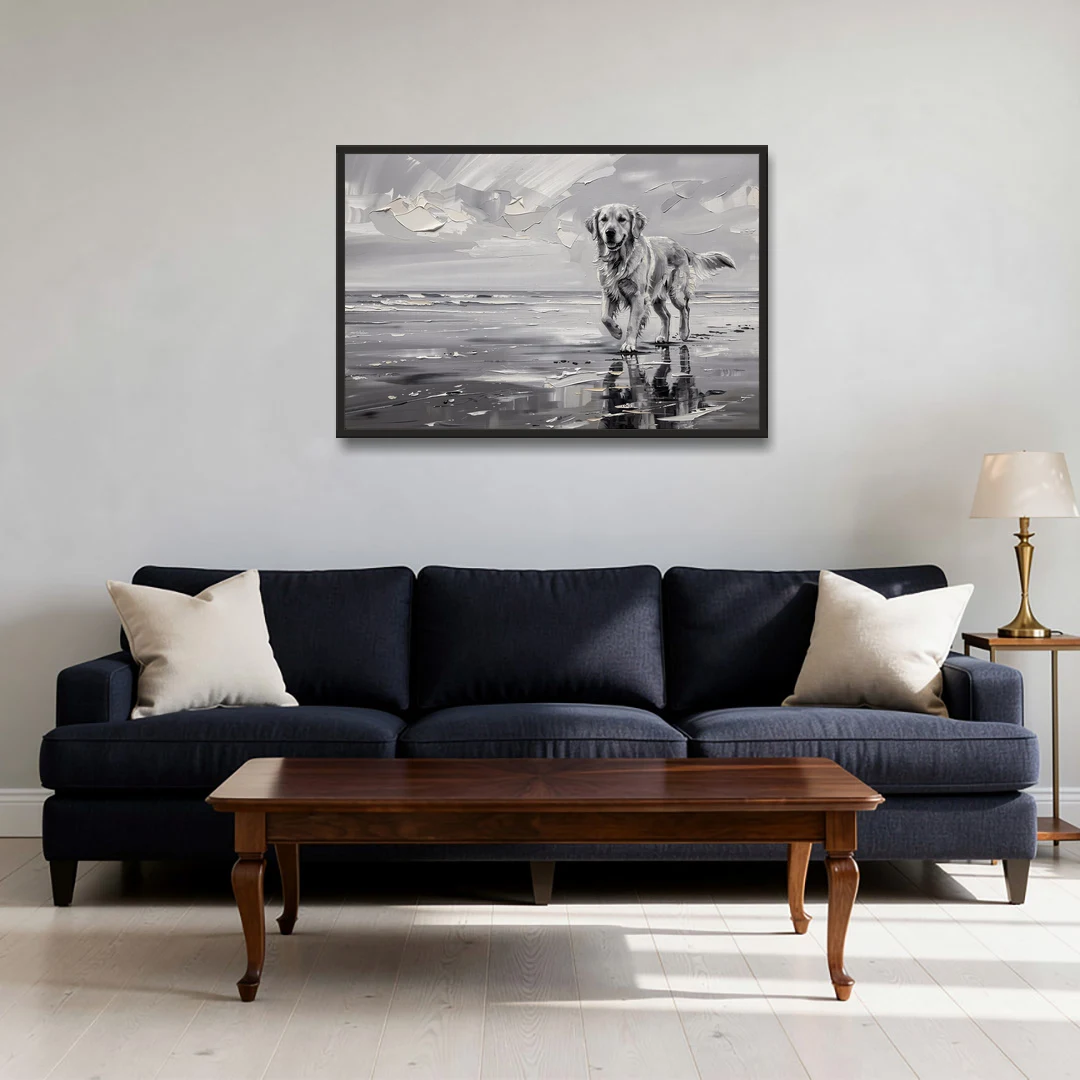 Misty Shore Golden Retriever in Black and White - Black Framed Canvas Wall Art - Sofa - 36x24