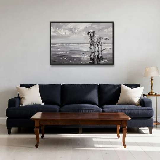Misty Shore Golden Retriever in Black and White - Black Framed Canvas Wall Art - Sofa - 36x24