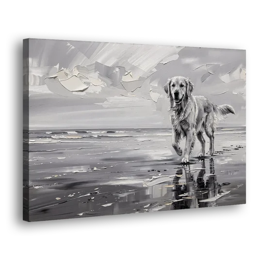 Misty Shore Golden Retriever in Black and White - Canvas Wall Art - Side