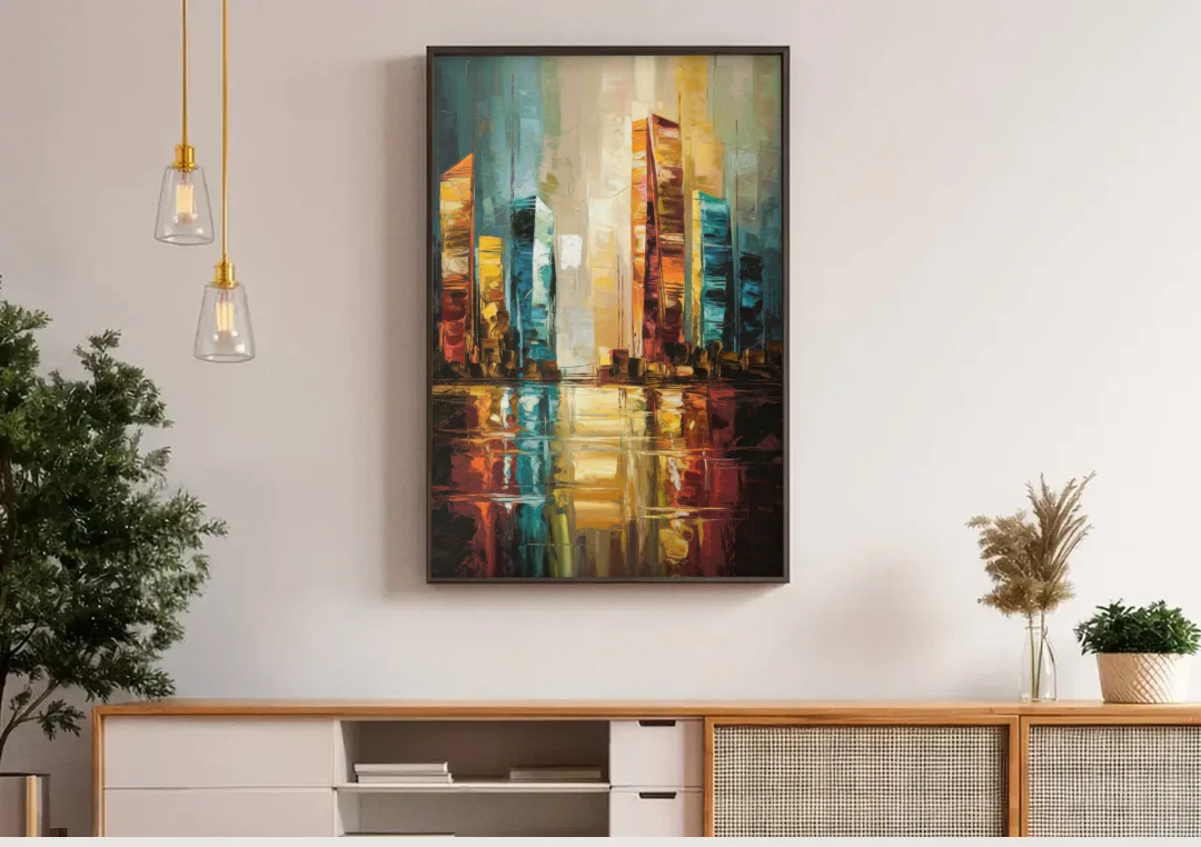 Mobile Abstract Cityscape Modern canvas wall art above a wooden sideboard under pendant lights