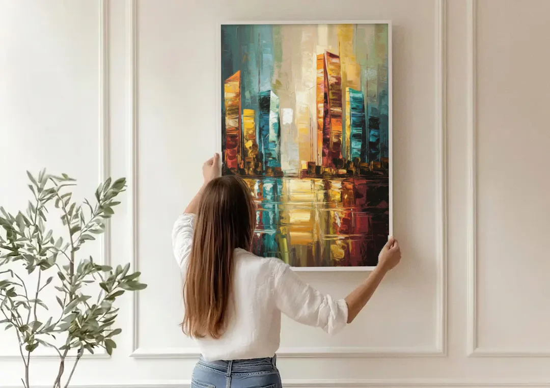 Mobile Abstract Cityscape Modern canvas wall art being hung on a paneled wall