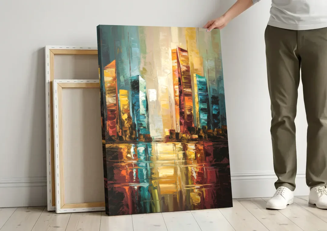 Mobile Abstract Cityscape Modern canvas wall art leaning against a wall next to blank canvases