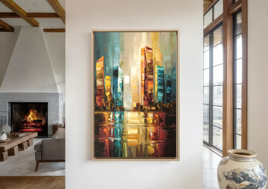 Mobile Abstract Cityscape Modern canvas wall art in a living room with a fireplace
