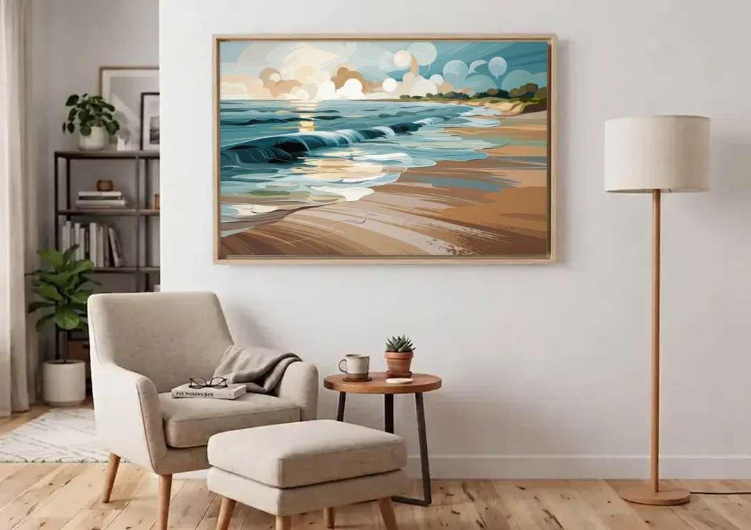 Mobile Coastal Vibes canvas wall art above an armchair in a bright living room