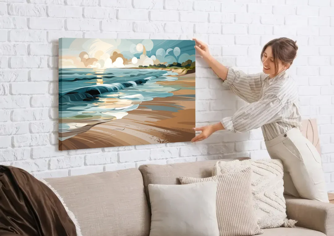 Mobile Coastal Vibes canvas wall art being hung on a white brick wall above a sofa