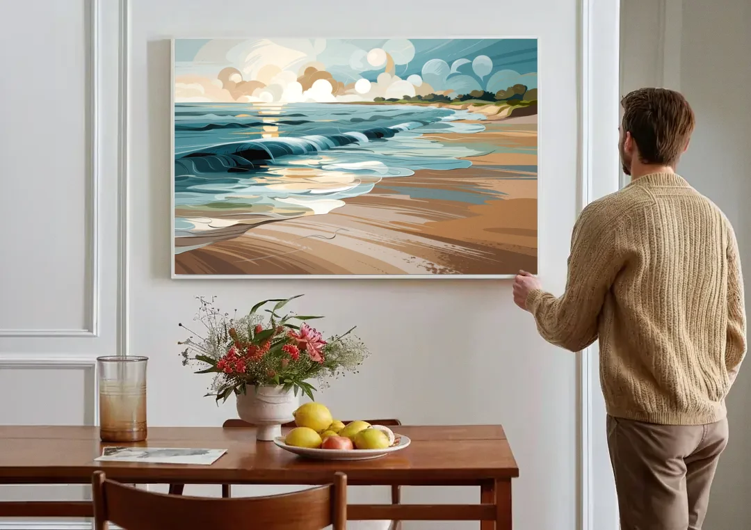 Mobile Coastal Vibes canvas wall art above a dining table