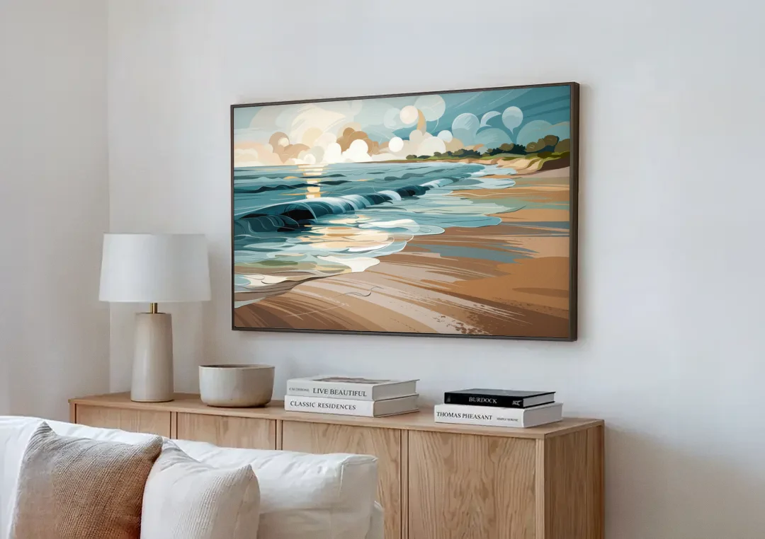 Mobile Coastal Vibes canvas wall art above a wooden sideboard next to a sofa
