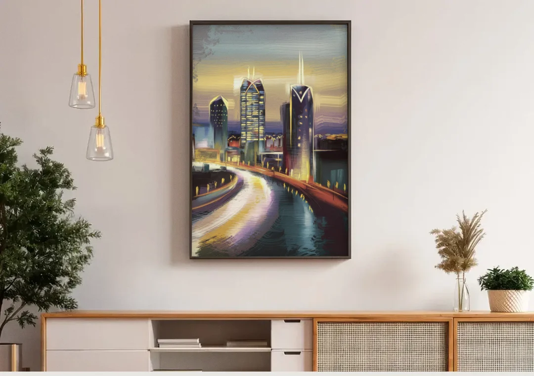 Mobile Downtown Aesthetic canvas wall art above a wooden sideboard under pendant lights