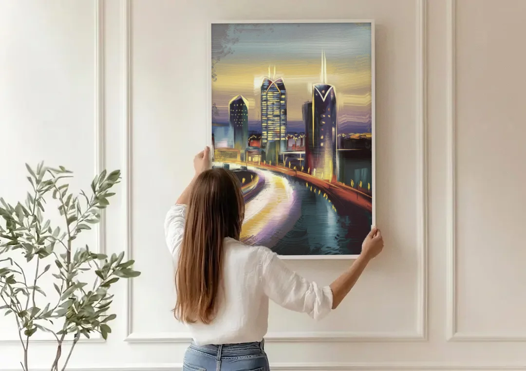 Mobile Downtown Aesthetic canvas wall art being hung on a paneled wall