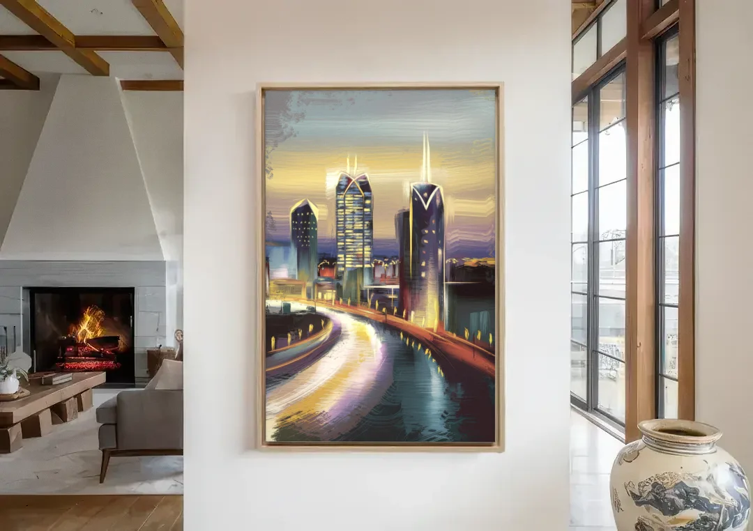 Mobile Downtown Aesthetic canvas wall art in a living room with a fireplace