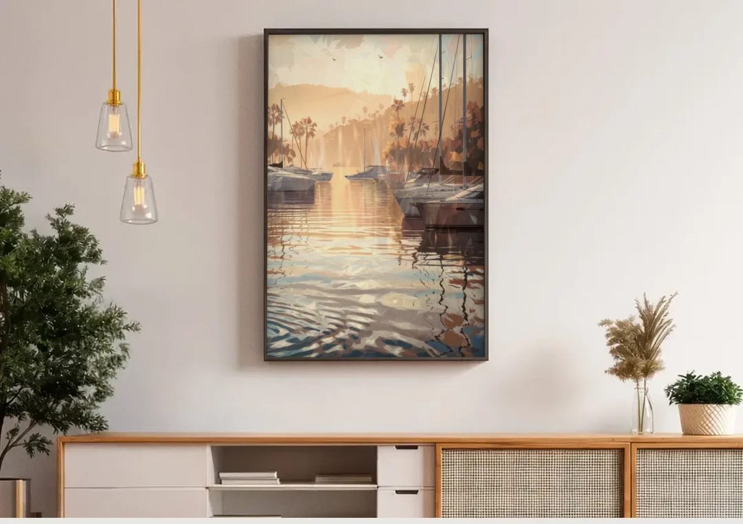 Mobile Scenic Harbor canvas wall art above a wooden sideboard under pendant lights