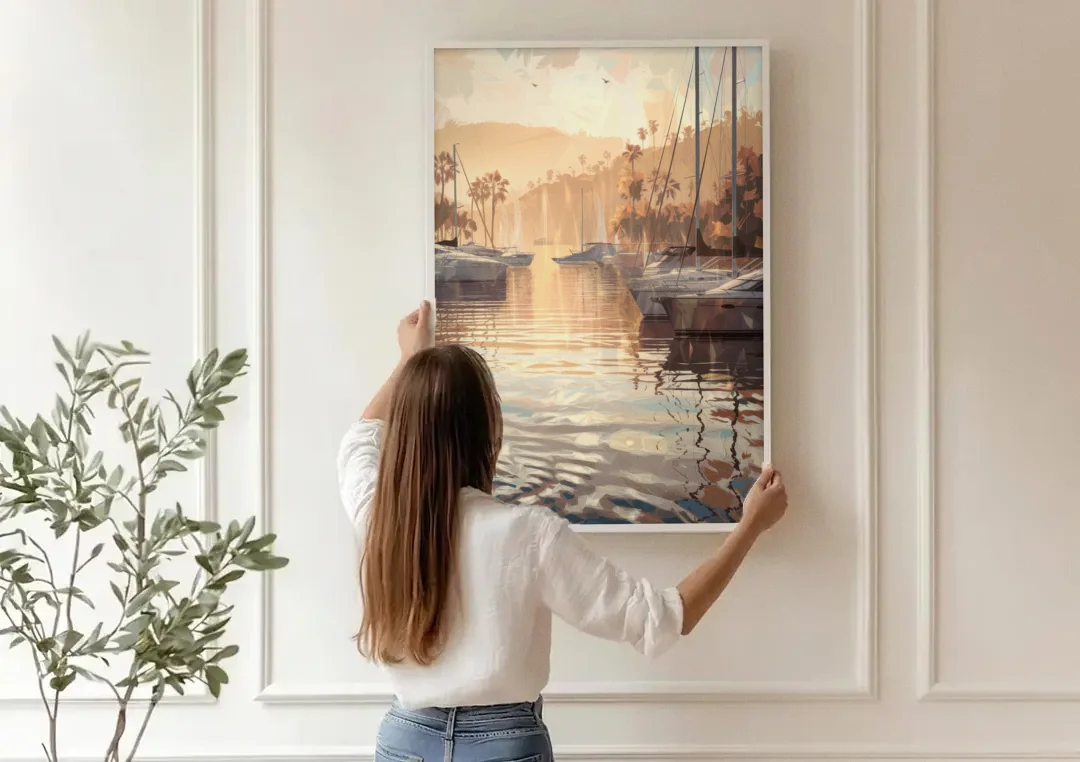 Mobile Scenic Harbor canvas wall art being hung on a paneled wall