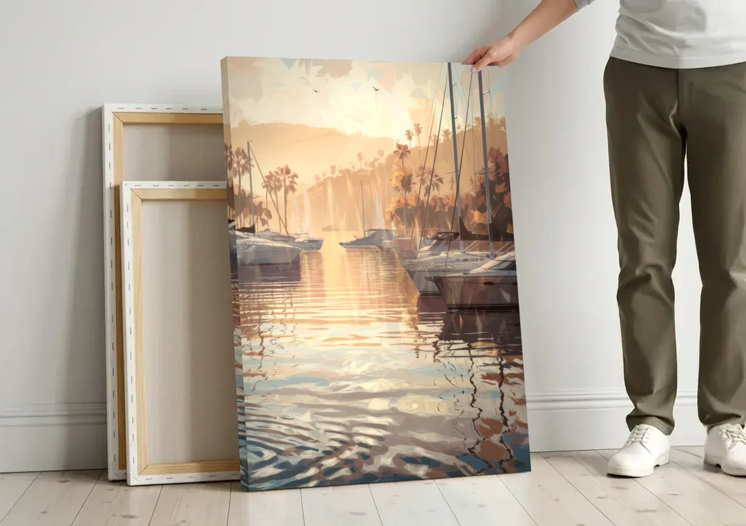 Mobile Scenic Harbor canvas wall art leaning against a wall next to blank canvases