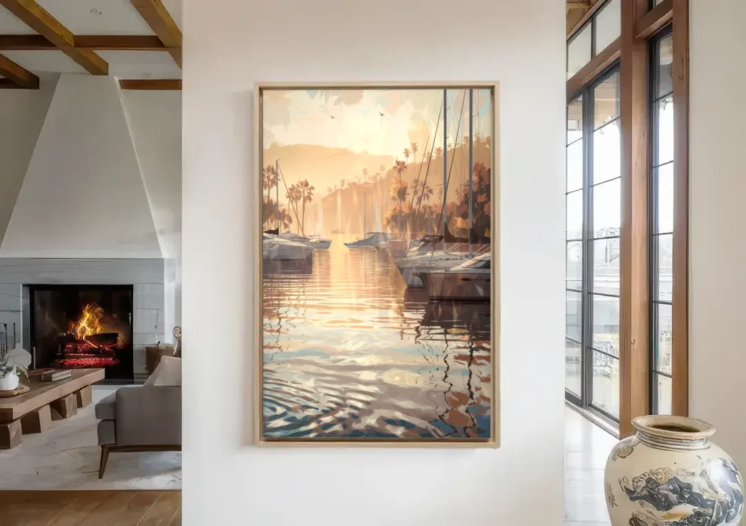 Mobile Scenic Harbor canvas wall art in a living room with a fireplace