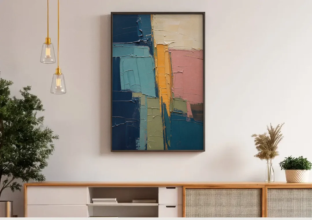 Modern Abstract Amber Seam for the Office canvas wall art above a wooden sideboard under pendant lights