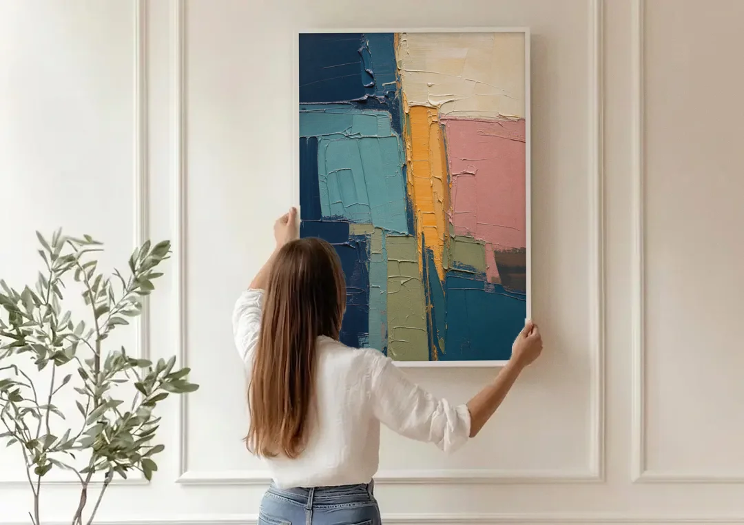 Modern Abstract Amber Seam for the Office canvas wall art being hung on a paneled wall