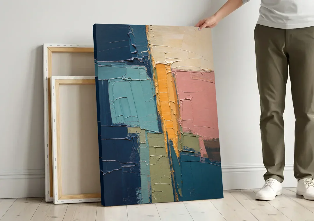 Modern Abstract Amber Seam for the Office canvas wall art leaning against a wall next to blank canvases