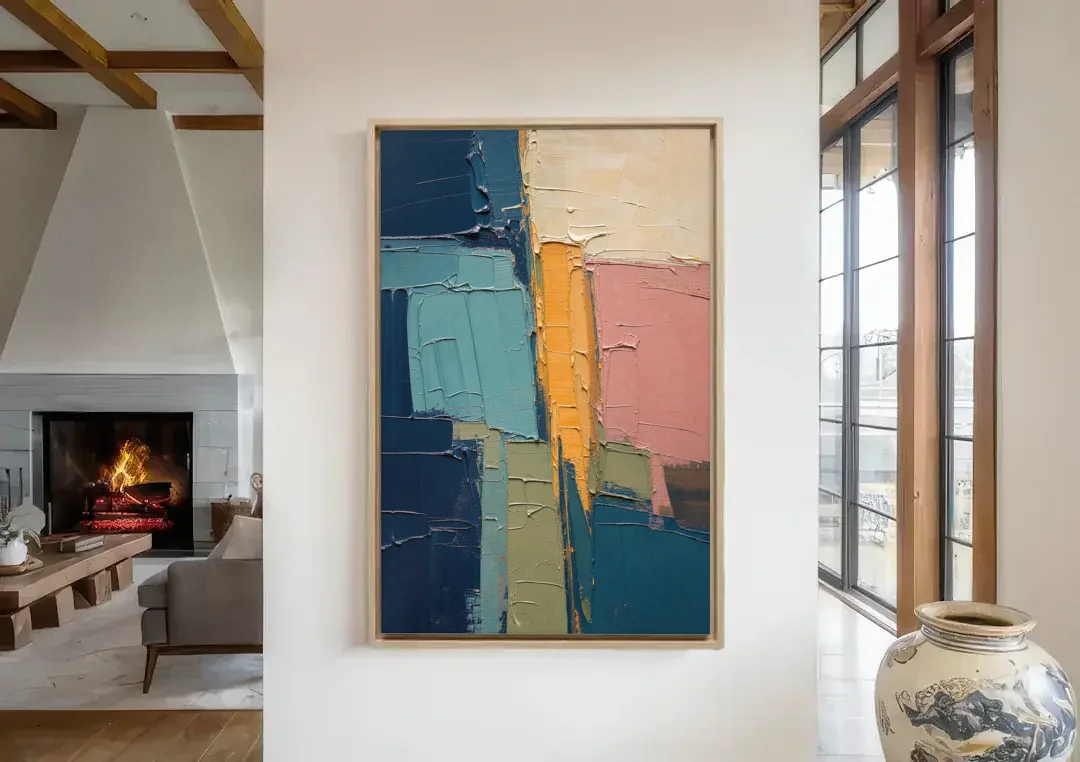 Modern Abstract Amber Seam for the Office canvas wall art in a living room with a fireplace