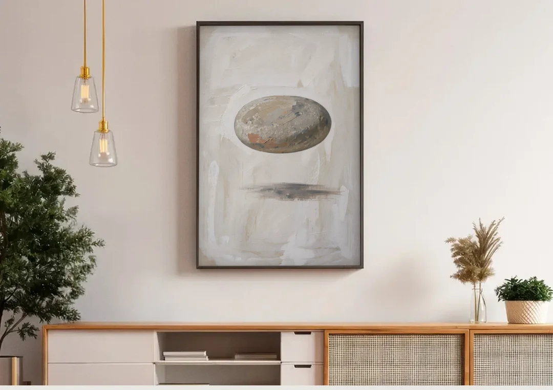 Modern Abstract Canvas Prints with Floating River Stone canvas wall art above a wooden sideboard under pendant lights