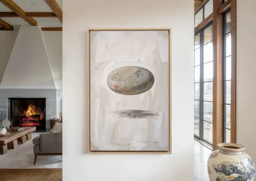 Modern Abstract Canvas Prints with Floating River Stone canvas wall art in a living room with a fireplace