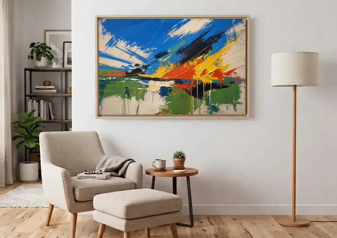 Modern Abstract High Summer Burst canvas wall art above an armchair in a bright living room
