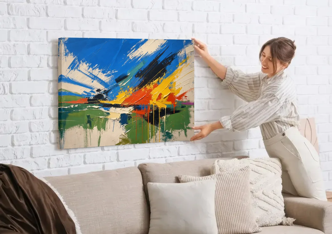 Modern Abstract High Summer Burst canvas wall art being hung on a white brick wall above a sofa