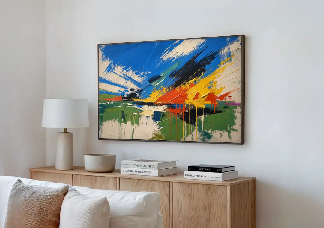 Modern Abstract High Summer Burst canvas wall art above a wooden sideboard next to a sofa