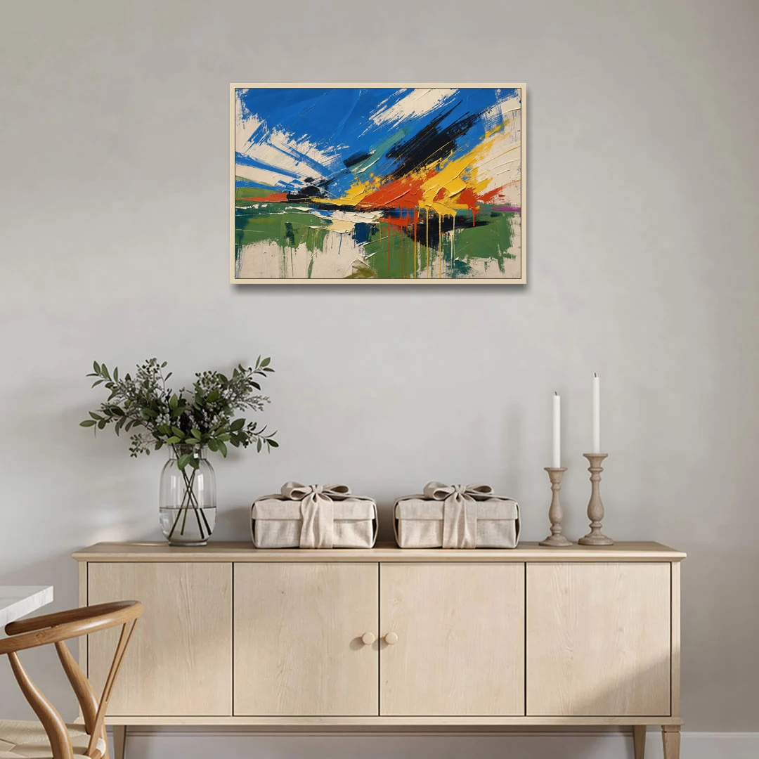 Modern Abstract High Summer Burst - Oak Framed Canvas Wall Art - Coffee Table - 36x24