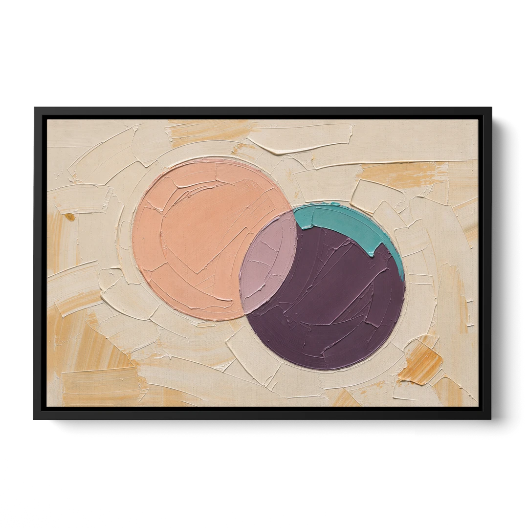 Modern Abstract Overlapping Peach and Plum Discs - Black Framed Canvas Wall Art - Front