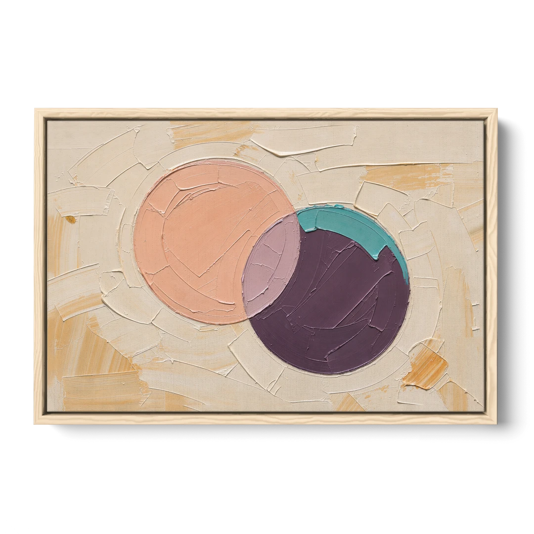 Modern Abstract Overlapping Peach and Plum Discs - Oak Framed Canvas Wall Art - Front