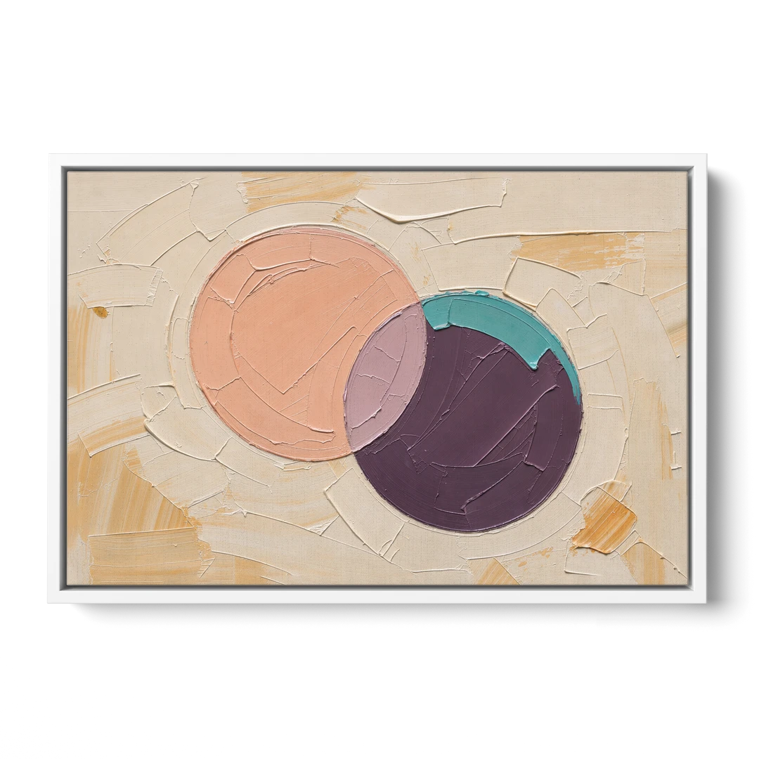 Modern Abstract Overlapping Peach and Plum Discs - White Framed Canvas Wall Art - Front