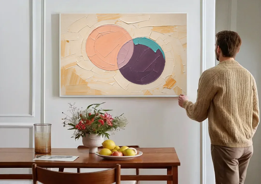 Modern Abstract Overlapping Peach and Plum Discs canvas wall art above a dining table