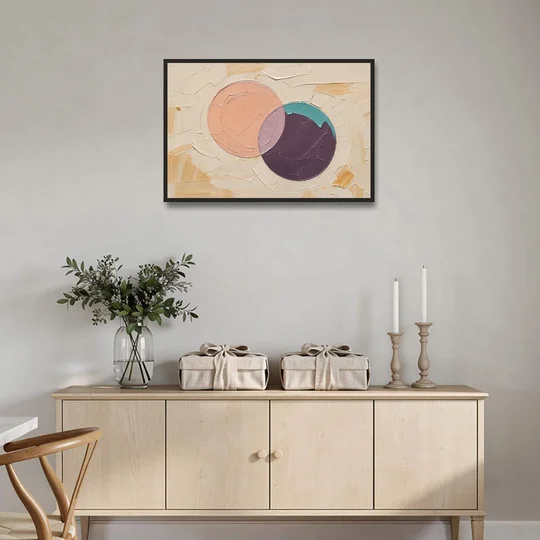 Modern Abstract Overlapping Peach and Plum Discs - Black Framed Canvas Wall Art - Coffee Table - 36x24