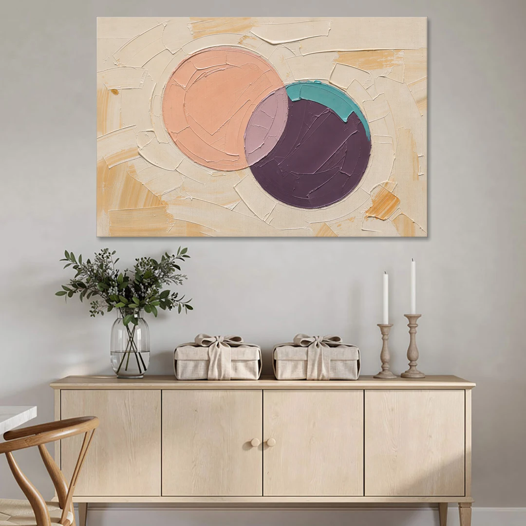 Modern Abstract Overlapping Peach and Plum Discs - Canvas Wall Art - Coffee Table - 60x40