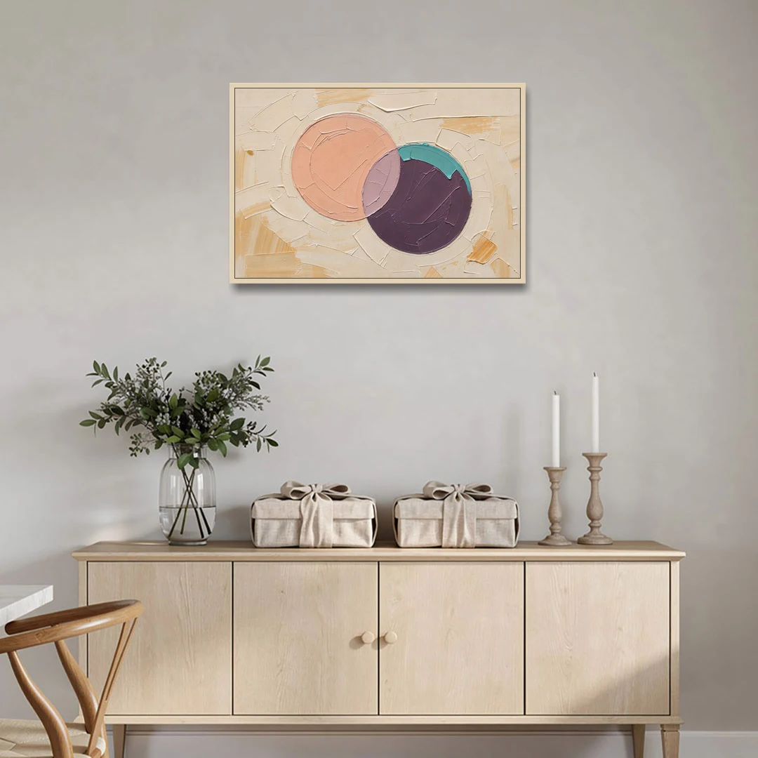 Modern Abstract Overlapping Peach and Plum Discs - Oak Framed Canvas Wall Art - Coffee Table - 36x24