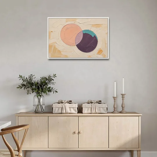 Modern Abstract Overlapping Peach and Plum Discs - White Framed Canvas Wall Art - Coffee Table - 36x24
