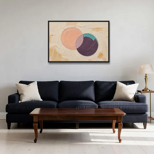 Modern Abstract Overlapping Peach and Plum Discs - Black Framed Canvas Wall Art - Sofa - 36x24