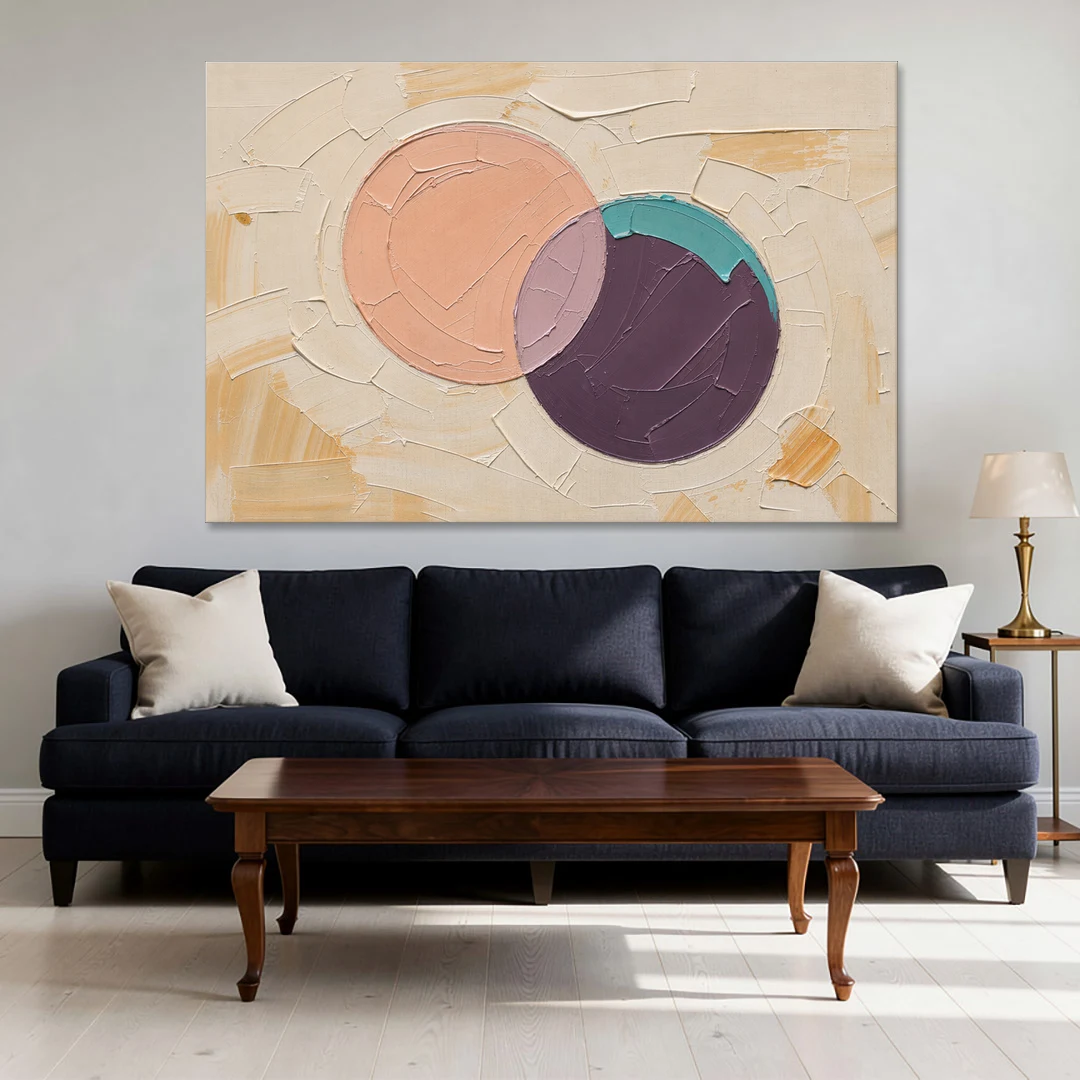 Modern Abstract Overlapping Peach and Plum Discs - Canvas Wall Art - Sofa - 60x40