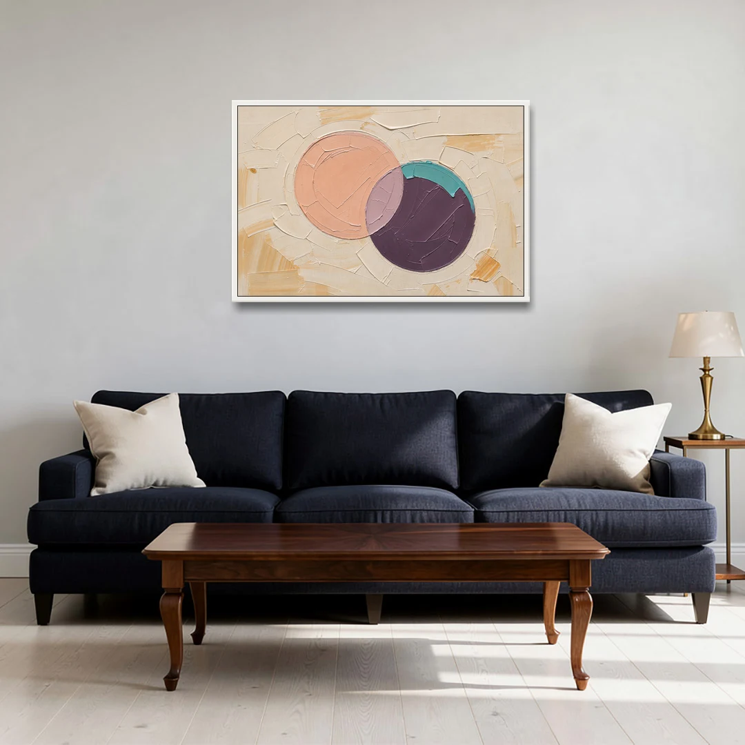 Modern Abstract Overlapping Peach and Plum Discs - White Framed Canvas Wall Art - Sofa - 36x24
