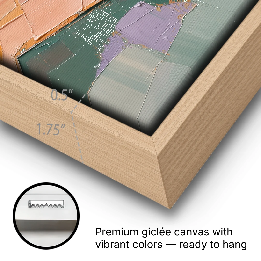 Modern Abstract Painting with Rolling Peach Ribbon - Oak Framed Canvas Wall Art - Gallery Wrap Corner