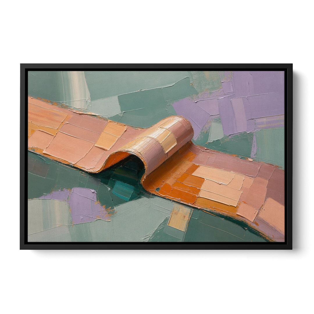 Modern Abstract Painting with Rolling Peach Ribbon - Black Framed Canvas Wall Art - Front