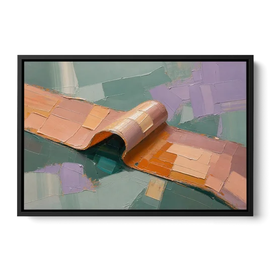 Modern Abstract Painting with Rolling Peach Ribbon - Black Framed Canvas Wall Art - Front
